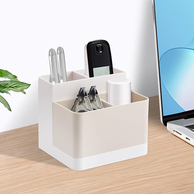 Poeland Desktop Storage Organizer, Pen and Pencil Cases Boxes, Pen or Pencil Holder Box Container for Desk, Office Supplies, Vanity Table Tan