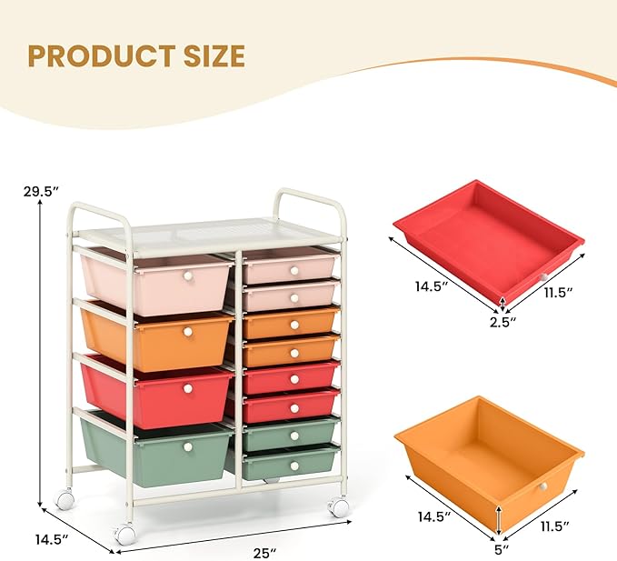 GOFLAME 12-Drawer Rolling Storage Cart, Craft Storage Cart with Removable Drawers & Lockable Wheels, Art Cart Supply Storage Organizer with Metal Frame for Home Office Classroom, Macaron Color