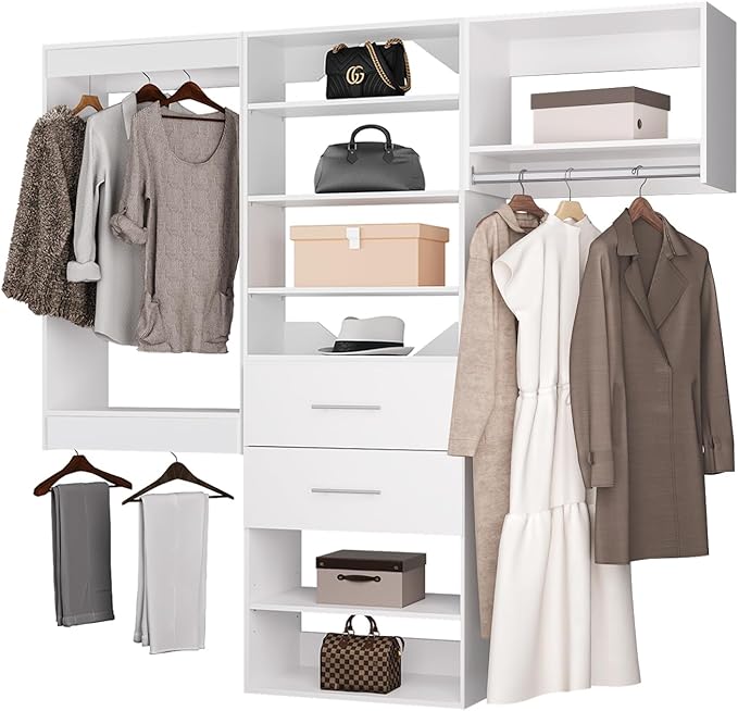 ROOMTEC Modular Closet System, 90" Wall Mounted Modern Closet Organizer with Hanging Rods and Drawers, Wooden Tower for Walk-In Closets, Wardrobe Storage Kit, White