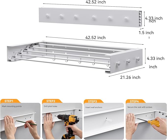 Extra Wide 42.52" Laundry Drying Rack Wall Mount - Retractable Clothes Drying Rack with 6 Hooks & 6 Knobs, Heavy Duty 60LBS Metal Airer, Large Foldable Wall Hanger for Indoor