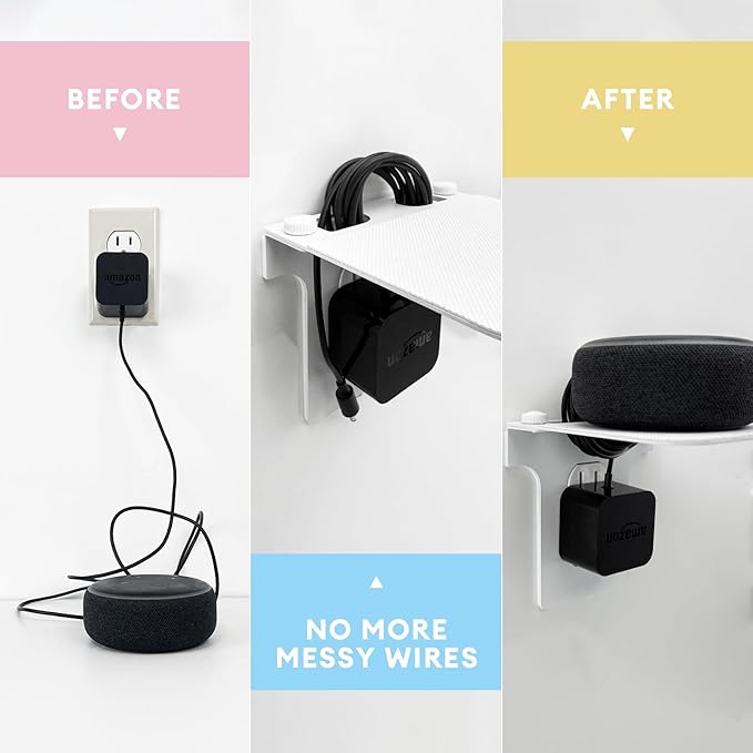 Metal Outlet Shelf Wall Holder for Duplex (Round) Outlets - Bathroom & Kitchen Organizer with Cord Storage, Quick Install for Smart Home Toothbrush Holder Holds Smart Speaker Cell Phone 2Pack
