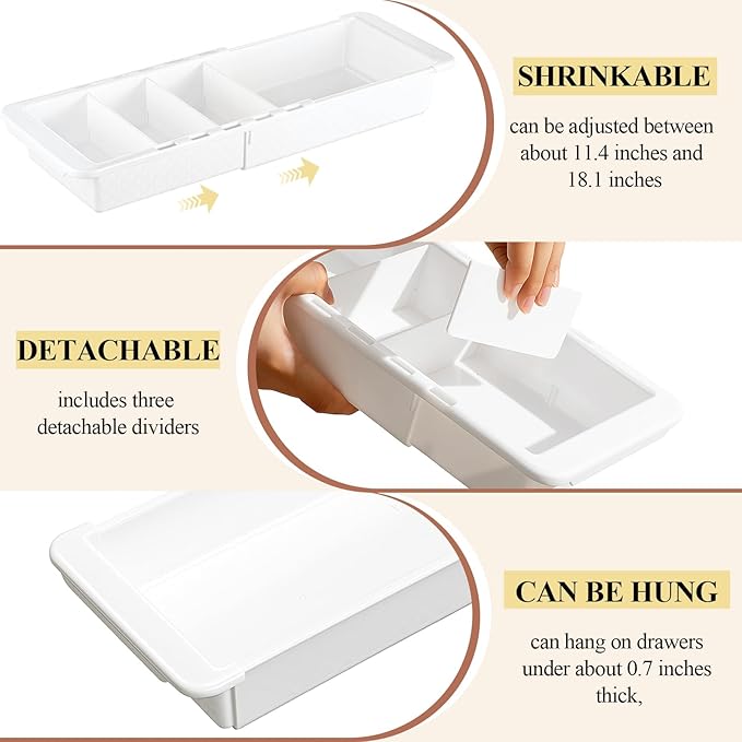1 Pcs Expandable Drawer Organizer Bins Adjustable Deep Drawer Hanging Organizer Tray Expandable 11.4 to 18.1 Inches Plastic Dividers Storage for Office Bathroom Bedroom Kitchen Desk, White