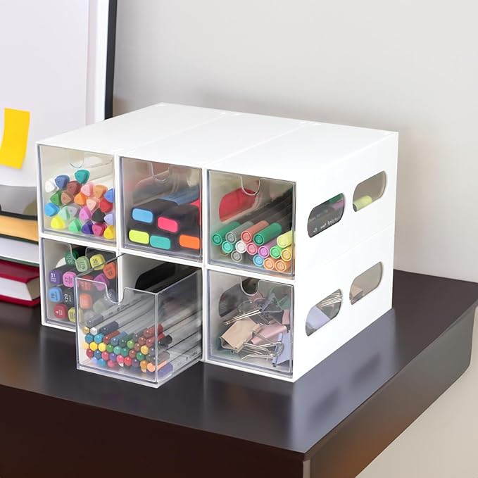 Drawer Organizer Desktop Office Supplies Desk Organizer and Storage Stationary Make Up Jewelry Pen Storage Drawer, Clear Accessories Makeup Organizer Countertop Storage (White, 6 Pack)