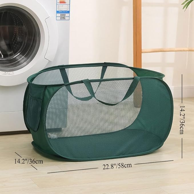 4 Piece Popup Mesh Laundry Basket Durable Handles Collapsible Laundry Baskets Folding Clothes Pastic Hamper for Laundry Room College Dorm (Green)