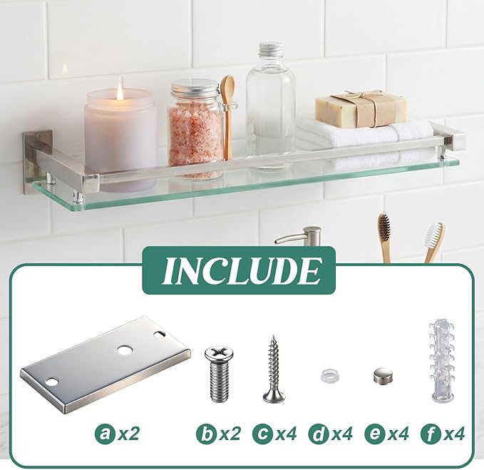 3 Pack 20 Inch Glass Bathroom Shelves for Wall, Wall Mount Glass Shelves with Stainless Steel Rail, Modern Floating Bathroom Shelf Organizer, Rectangular Room Decor for Sink, Over Toilet