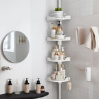 360° Rotating Corner Shower Caddy Tension Pole Organizer - 4-Tier Adjustable Rustproof Metal Pole, Plastic Shelves with Safety Guardrail, Bathroom Storage for Shower & Bathtub(White)