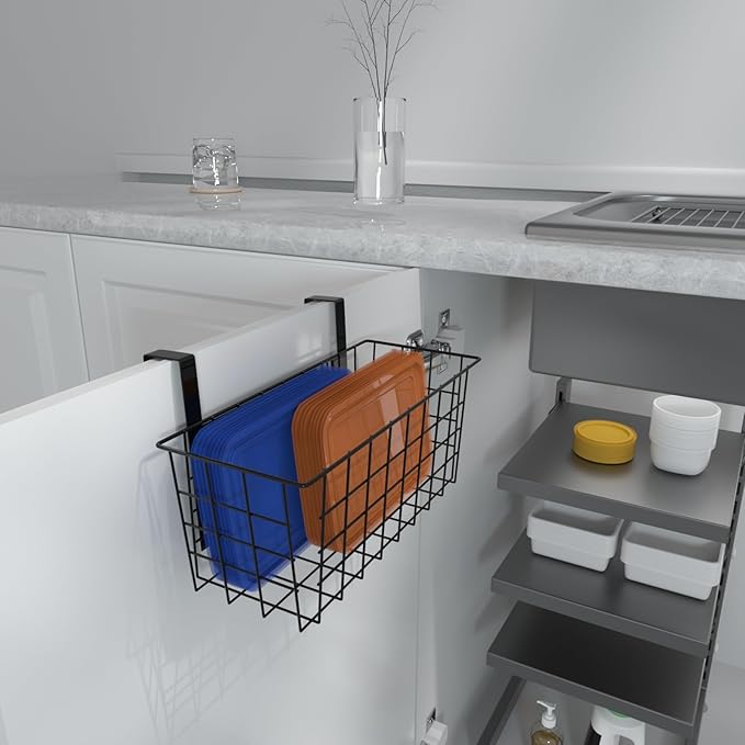 MaraFansie Hanging Kitchen Baskets Wire Storage Basket Over the Cabinet Door Organizer, No Drilling Adhesive Basket for Cabinet Pantry Organization and Kitchen, Bathroom, Storage Black, 2 Pack(New)