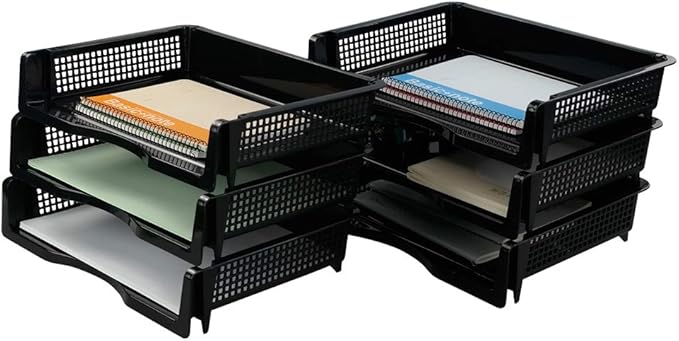 Plastic Stackable File Paper Storage Tray, Office Stackable Letter Tray, Black, 6 Pack