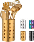 QRU Kitchen Utensil Holder for Countertop (H6.7” x W4.1”), Stainless Steel Cooking Utensil Caddy for Tools, Spatulas, Spoons, Silverware & More, Cooking Utensil Organizer, Kitchen Decor (Gold)