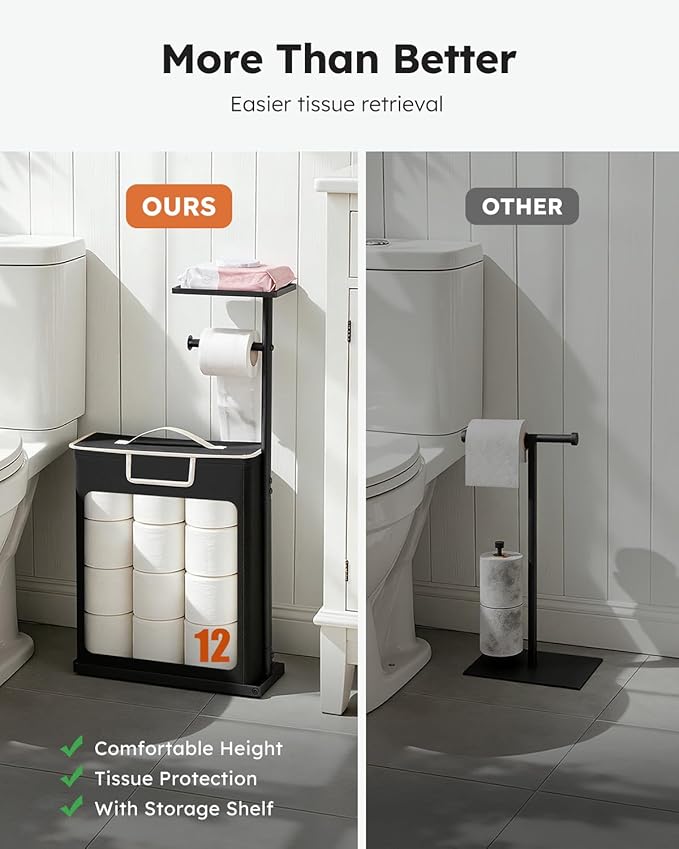 Toilet Paper Holder Free Standing with Storage for Up to 12 Rolls,Rustproof Metal Black Toilet Paper Stand with Shelf,All-in-One Toilet Tissue Roll Dispenser and Organizer with a Lidded Basket