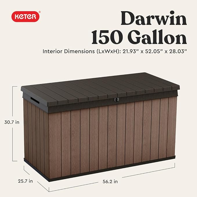 Keter Darwin 150 Gallon Resin Large Deck Box - Organization and Storage for Patio Furniture, Outdoor Cushions, Garden Tools and Pool Gear