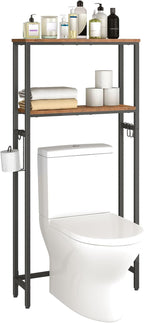 HOOBRO Over The Toilet Storage, 2-Tier Bathroom Organizer Over Toilet, Freestanding Bathroom Storage Shelves with Toilet Paper Holder and Hooks, Space Saver for Room, Rustic Brown and Black BF49TS01