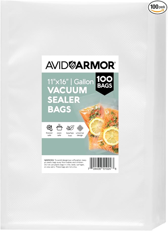 Avid Armor Vacuum Sealer Bags 100 Gallon 11"x16" for Food Saver, Seal a Meal Vac Sealers BPA Free, Heavy Duty Commercial Grade, Meal Prep and Sous Vide Vacuum Safe, Universal Design Pre-Cut Bag