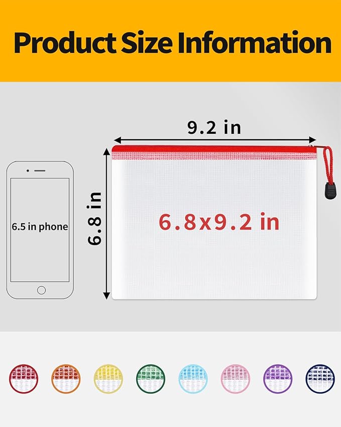 SUNEE Plastic Mesh Zipper Pouch 6.8x9.2 in (8 Colors, 24 Packs), Small Water-Resistant Zip Bag for School Office Supplies, Pencil Organizing Storage