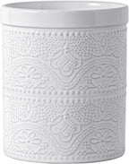 FUN ELEMENTS Kitchen Utensil Holder, 7.2" Super Large Utensil Crock Heavy and Stable Lace Emboss Ceramic Utensil Holder for Kitchen Counter (Bright White)