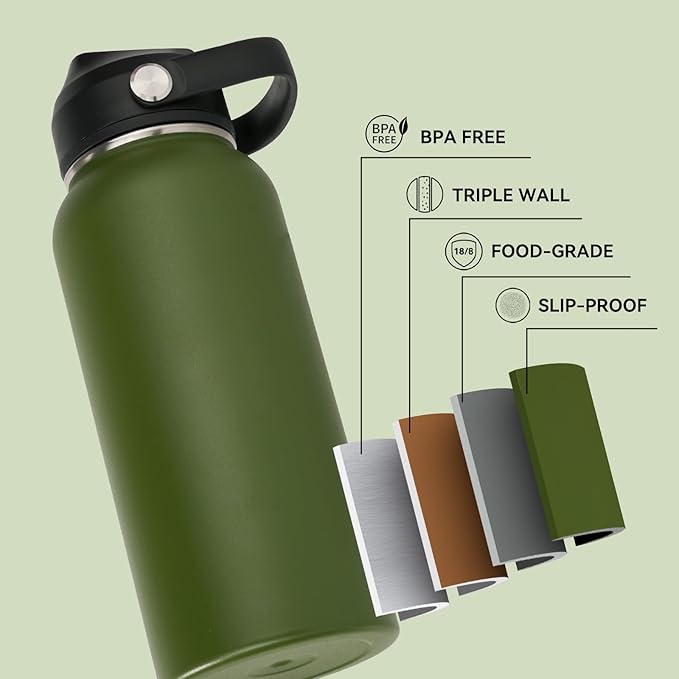 32oz Insulated Stainless Steel Water Bottle, Wide Mouth Double Wall Vacuum, Silicone Straw, Sweat & Leak Proof, BPA Free Insulated Water Flask for Travel, Keep Cold 24h Hot 12h, Green