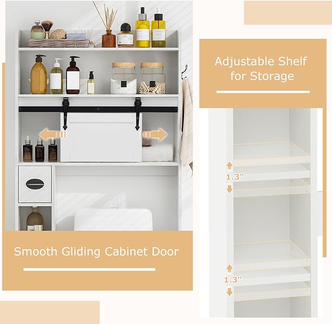 Giantex Over The Toilet Storage Cabinet, Farmhouse Space Saver with Sliding Door, Toilet Paper Holder, Side Hooks & Adjustable Shelves, Over Toilet Bathroom Organizer for Laundry, Restroom (White)