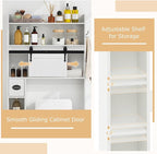 Giantex Over The Toilet Storage Cabinet, Farmhouse Space Saver with Sliding Door, Toilet Paper Holder, Side Hooks & Adjustable Shelves, Over Toilet Bathroom Organizer for Laundry, Restroom (White)