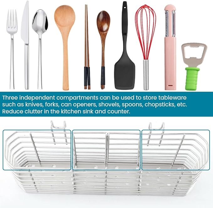 304 Stainless Steel Utensil Holder,Kitchen Utensil Organizer with 3Divided Compartments,Flatware Storage Basket with Hooks for Dish Drying Rack Sink Dish Drainer in KitchenBathroom
