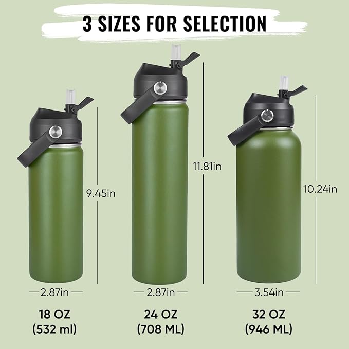 32oz Insulated Stainless Steel Water Bottle, Wide Mouth Double Wall Vacuum, Silicone Straw, Sweat & Leak Proof, BPA Free Insulated Water Flask for Travel, Keep Cold 24h Hot 12h, Green
