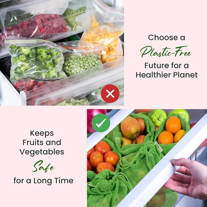 Eco-Friendly Organic Cotton Mesh Produce Bags [Pack of 6] | Reusable Mesh Produce Bags for Grocery Shopping, Fruit & Vegetable Storage | Washable Drawstring Vegetable Bags for Kitchen & Fridge