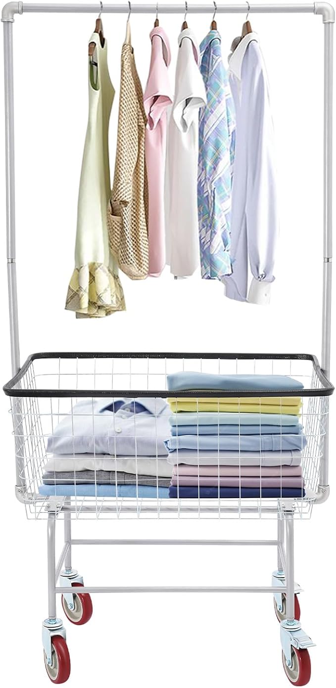 Laundry Cart, 110lbs Load Capacity Commercial Steel Wire Laundry Cart Free standing Heavy Duty Rolling Large Steel Basket Storage Carts w/4* Universal Wheels for Laundry Clothes Storage (4 inch Wheel)