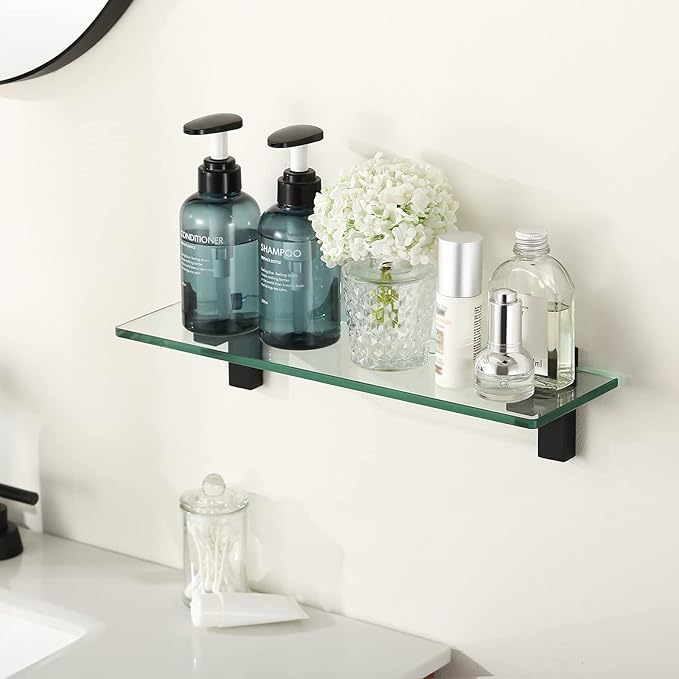 KES 16 Inch Glass Shelf for Bathroom Wall Mounted, 8mm Tempered Glass Wall Shelf Matte Black, BGS3201S40-BK