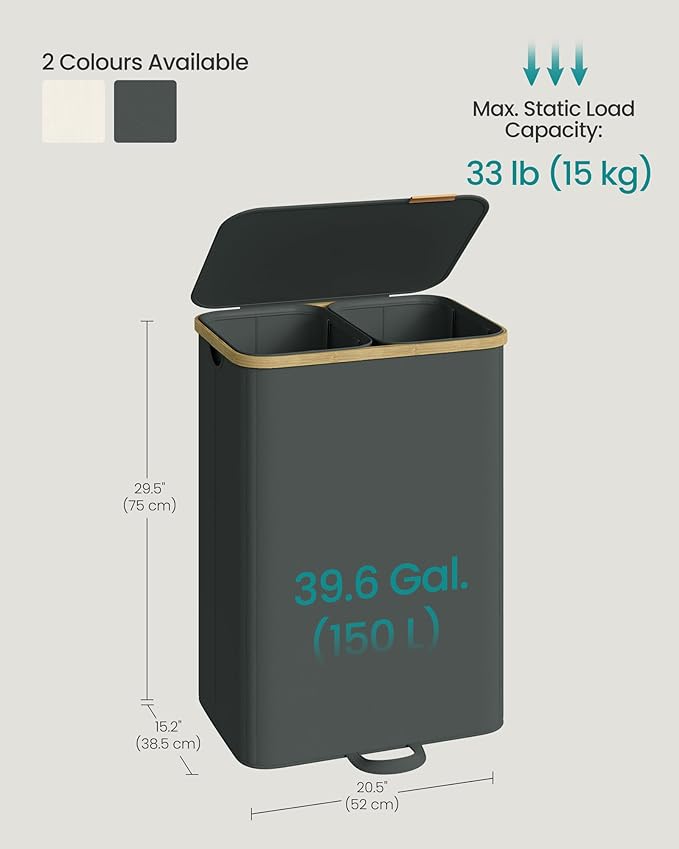 SONGMICS Laundry Hamper, Laundry Sorter with Lid, Storage Basket Bin, Removable Liners, Bamboo Frame, for Bedroom, 2 Sections, 39.6 Gal. (150 L), Slate Gray ULCB532GN01