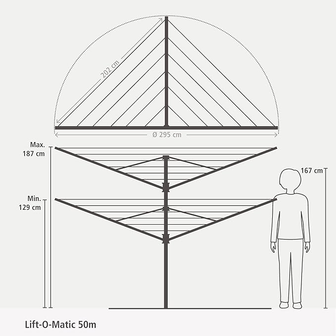 Brabantia Lift-O-Matic Outdoor 4 Arm Clothesline (164 ft/Ø 1.8") Height Adjustable, Folding Clothes Drying Rack + Ground Spike, Cover + Bag of Clothespins (Anthracite)