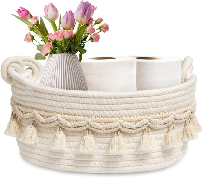 CSC - Toilet Paper Basket, Bathroom organizer, woven rope basket, Tank Top Small Baskets, tank topper, White