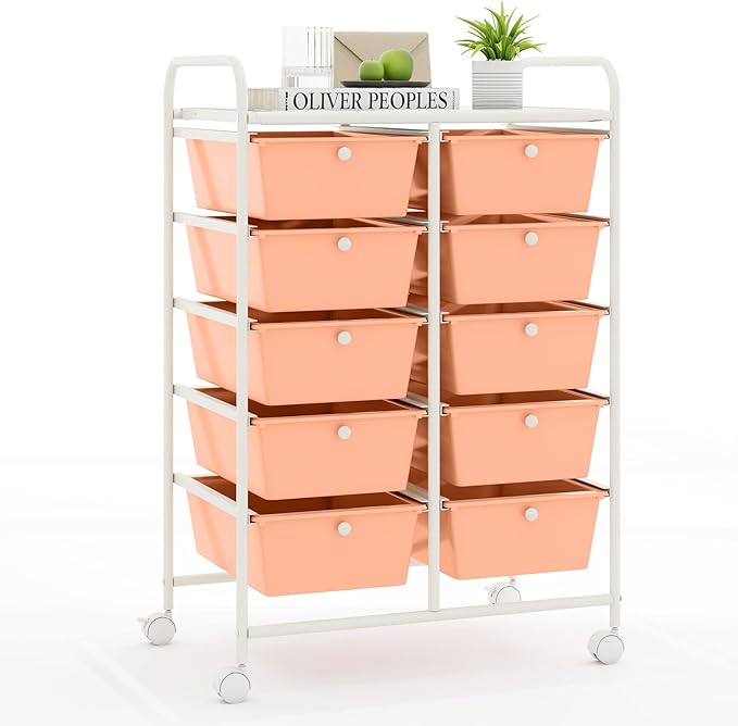 RELAX4LIFE 10-Drawer Rolling Storage Cart - Mobile Craft Art Supply Storage Organizer for Tool Scrapbook Paper Salon, Office School Classroom Teacher Rolling Cart with Drawers, Utility Cart on Wheels