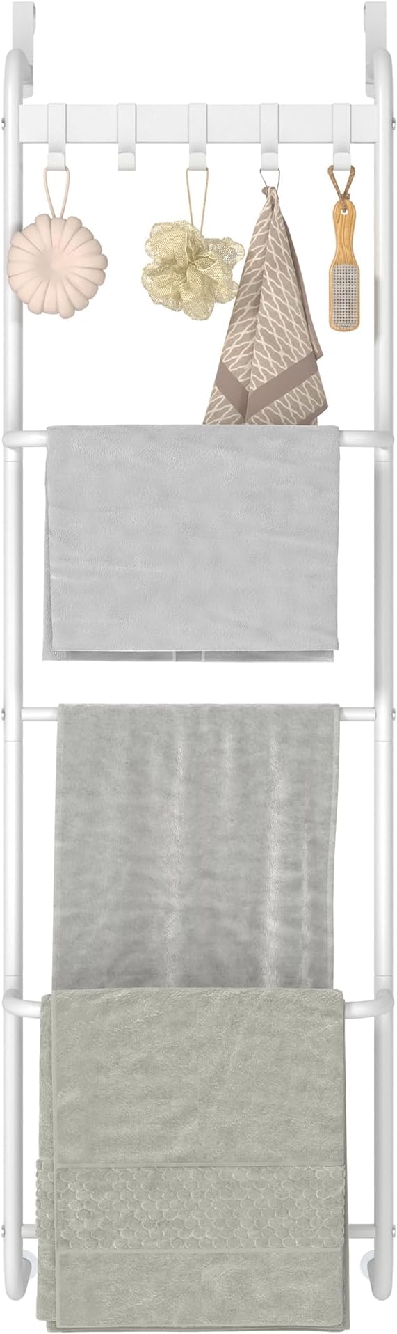 5 Tier Over The Door Towel Racks for Bathroom Wet Towel Drying Rack Clothing Storage Holder with Hooks (White, 5 Tier)