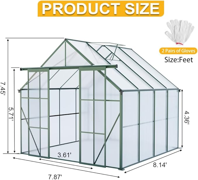 Heavy-Duty Walk-in Polycarbonate Greenhouse with Dual Sliding Doors, Adjustable Roof Ventilation, and Galvanized Steel Base for Year-Round Outdoor Gardening (Green 8*8FT)