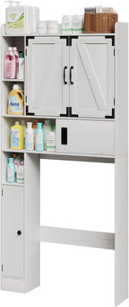 ChooChoo Over The Toilet Storage Cabinet, Farmhouse Bathroom Shelf Over Toilet with Adjustable Shelves, Above Toilet Storage Cabinet with Sliding Door for Bathroom, Laundry Room, Antique White