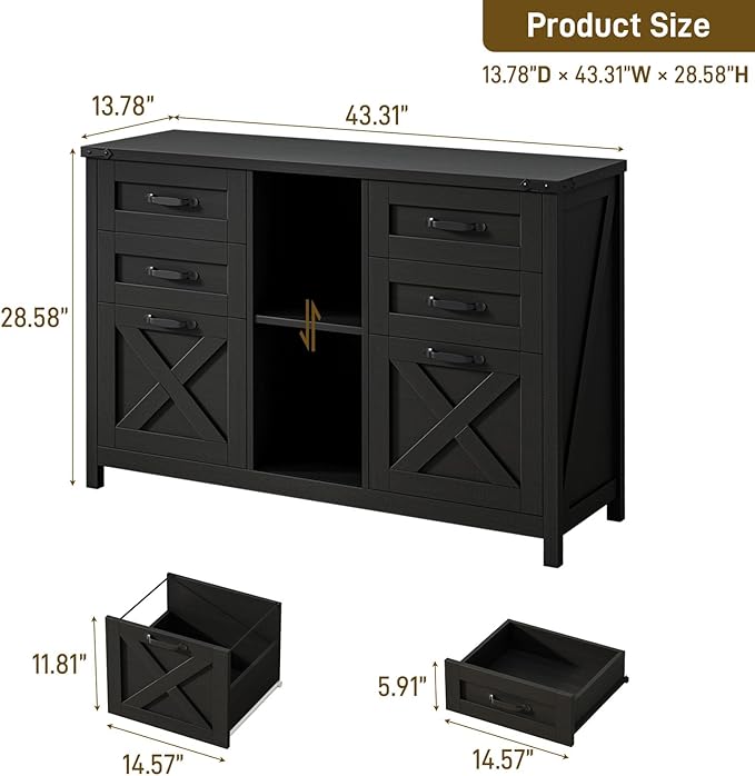 Lateral File Cabinet with 6 Drawers, Farmhouse Filing Cabinet for Letter/A4 Size, Wood File Storage Cabinets Printer Stand with Open Storage Adjustable Shelf for Home Office Cabinets, Rustic Black