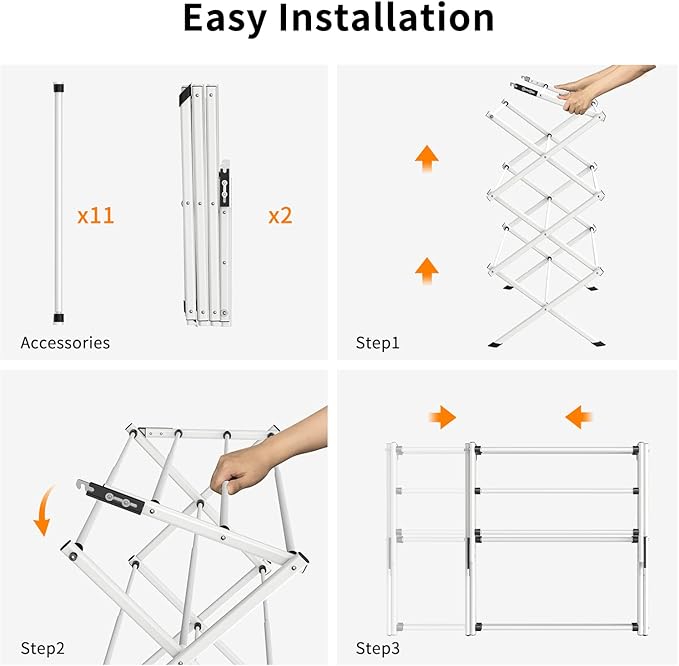 3 Tier Clothes Drying Rack, Foldable Drying Rack Clothing,Indoor & Outdoor Laundry Rack for Drying Clothes,Space-Saving Design, Metal Collapsible Dryer Racks for Laundry-White+Black