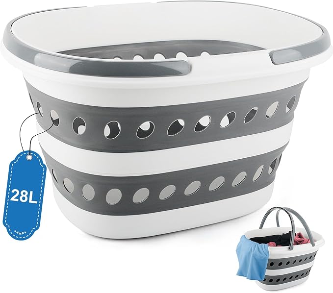 28L Collapsible Laundry Basket with Handle, Foldable Clothes Basket Laundry Hamper Plastic Storage Bin, Pop-Up Hamper for Dirty Clothes, Portable Storage Container Outdoor Camping Home RV Accessories