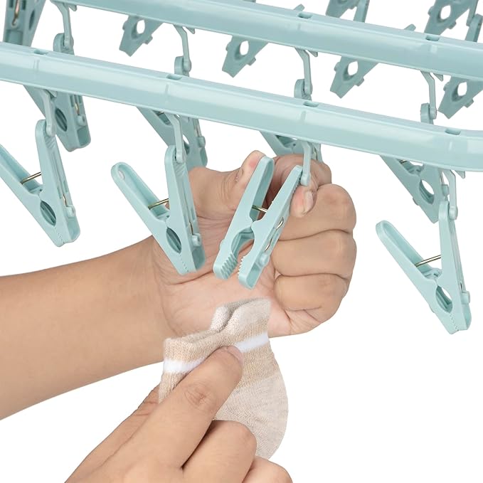 Foldable Clip Hangers with 26 Drying Clips, Underwear Hanger with Clips, Plastic Laundry Clip and Drip Drying Hanger for Socks, Bras, Lingerie, Clothes, Sturdy, Blue