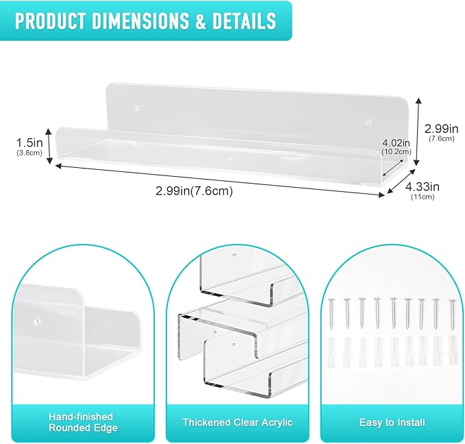 Acrylic Shelf Set 4 Pack Wall Ledge Shelves Display Bookshelf Bathroom Shelves Wall Mounted Picture Shelf Ledges for Bathroom Living Room Bedroom Kitchen(Clear)