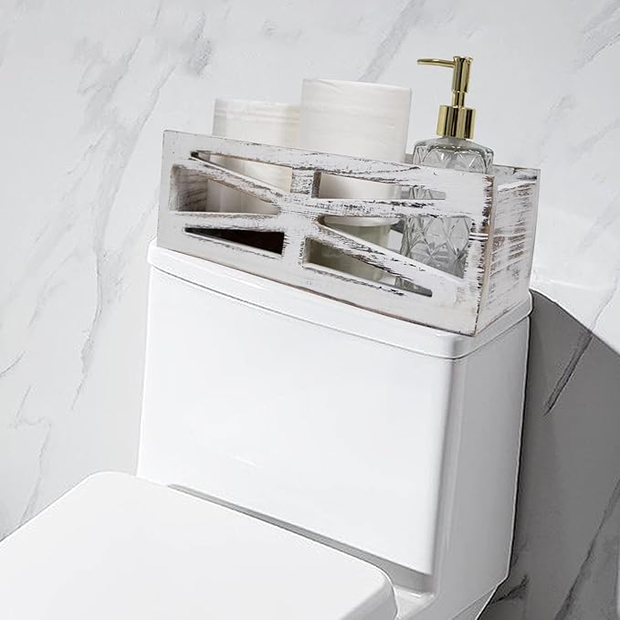 Wooden Bathroom Decor Box,Rustic Toilet Tank Box,Bathroom Decor Toilet, Wooden Storage Box,Farmhouse Bathroom Accessories, Paper Basket(White)