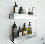 Bathroom Adhesive Shower Caddy Basket Shelf with Hooks, No Drilling Removable Bathroom Shelf Organizer,Stainless Steel Rustproof Shower Rack for Shampoo Storage, Sponge Holder-Silver