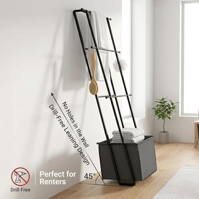 2-in-1 Leaning Blanket Ladder with Storage Basket, Matte Black Metal Towel Rack Stand, Drill-Free Space Saving Organizer for Bathroom & Bedroom Throws, 63"
