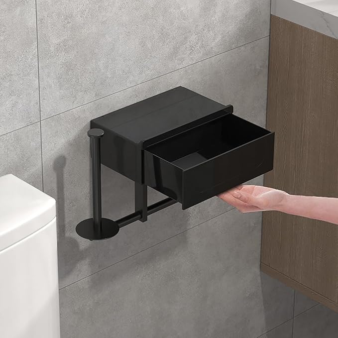 Modern Wall-Mounted Toilet Paper Holder with Storage Shelf, Black Bathroom Tissue Dispenser with Wipes Container, Multi-Function Organizer