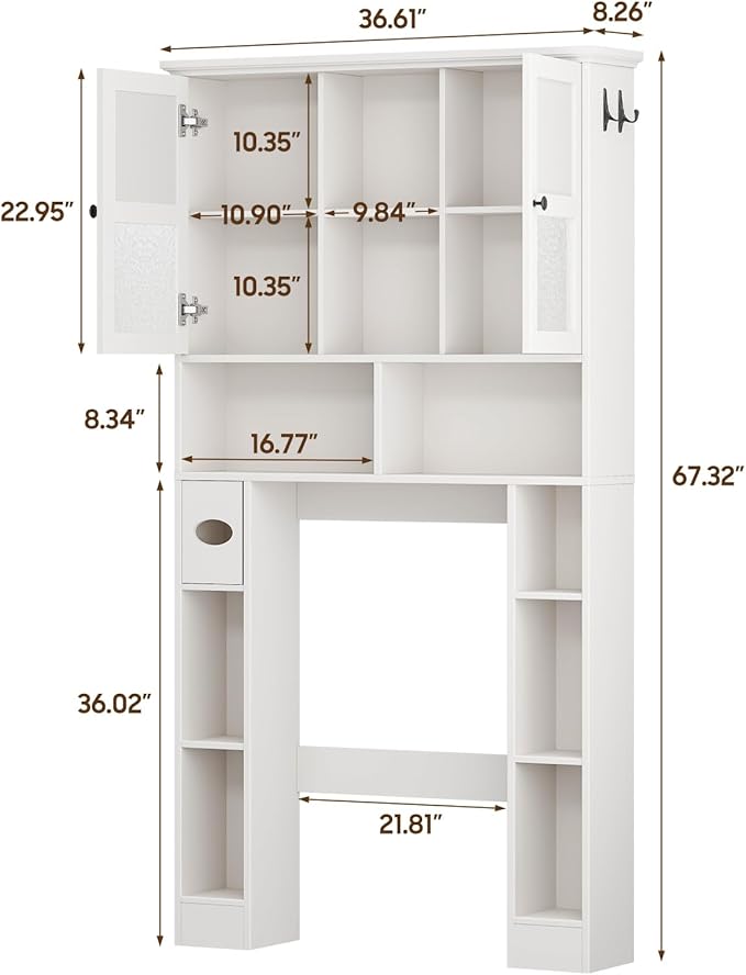 Over The Toilet Storage Cabinet, Bathroom Shelf Over Toilet with Hammered Grain Glass Doors and Adjustable Shelves, Freestanding Home Space Save Toilet Rack for Restroom, Bathroom, Laundry (White)