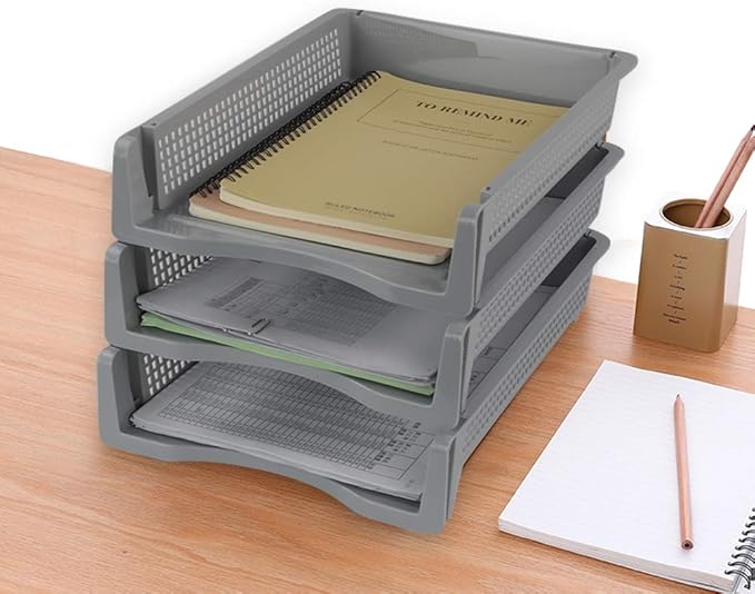 6-Pack Gray Plastic Stackable Paper Letter Tray, Stacking Document Trays