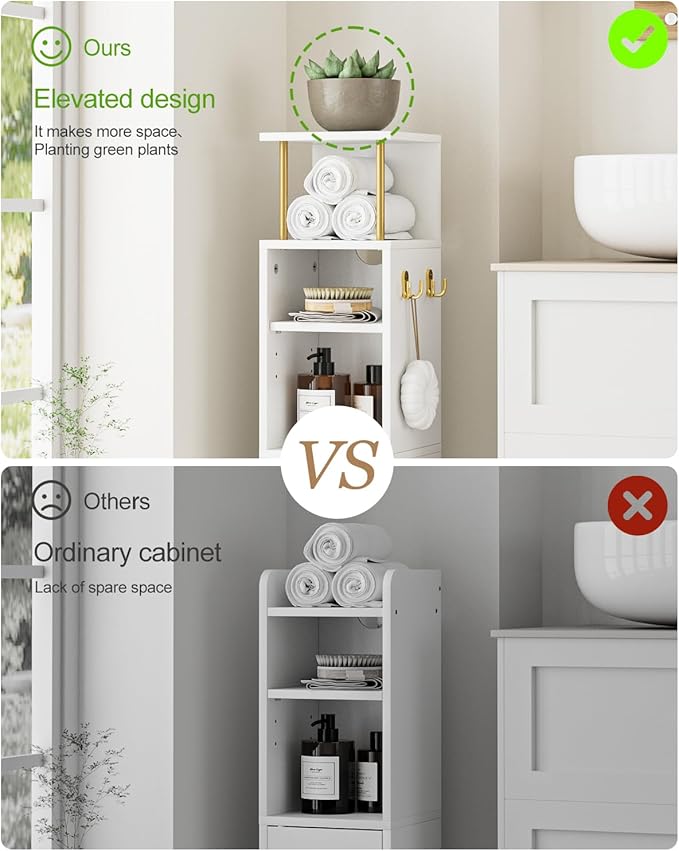 Bathroom Storage Cabinet,Small Corner Floor Cabinet with 2 Hook,Narrow Toilet Paper Cabinet with Adjustable Shelves,Bathroom Organizer for Living Room,Small Spaces (Wave, White-37''H)