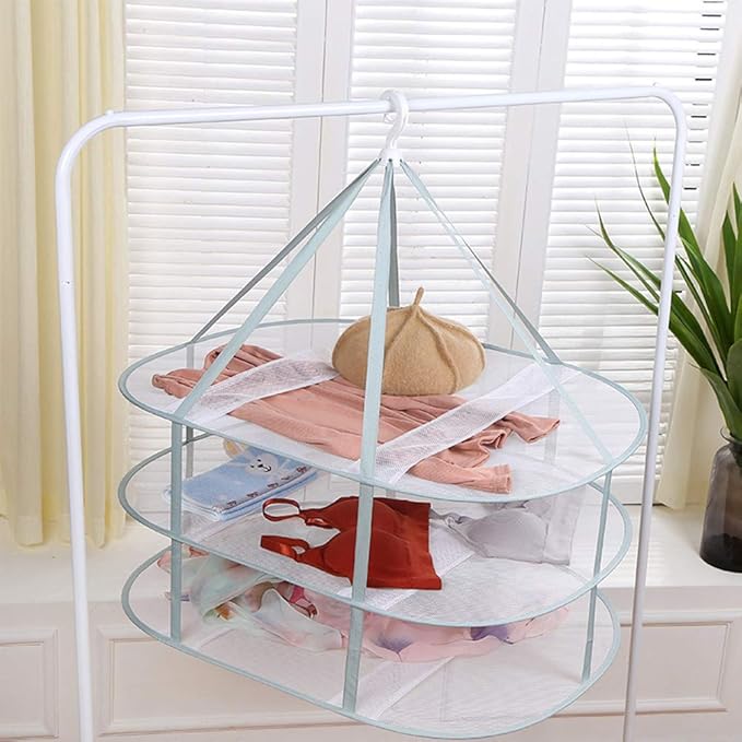 Kakalote 3-Tier Folded Mesh Clothes Hanging Dryer Sweater Drying Rack,Windproof Laundry Drying Rack,Hanging Mesh Dryer for Underwear Lingerie Blouse Herb,Net Clothes Dryers,30.71x24.02x31.50inch