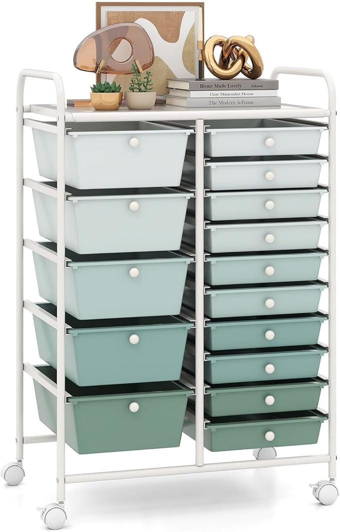RELAX4LIFE 15-Drawer Storage Drawer Carts - Mobile Rolling Utility Cart w/Wheels, Craft Organizer for Classroom Organization and Storage, School, Office, Home, Storage Organizer Cart (Gradient Green)
