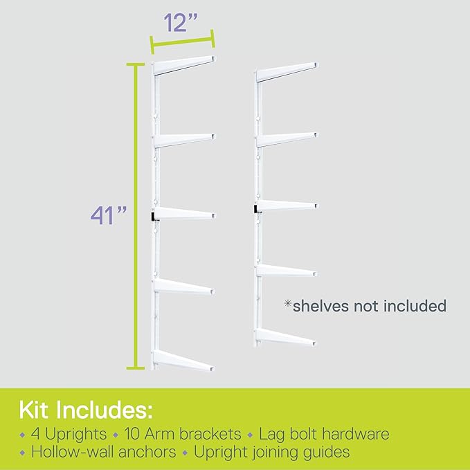 Minimalistic White Shelf Brackets by Delta Cycle, Set of 10 Fully Adjustable 12-inch Heavy Duty Shelf Brackets, Holds Up to 800 lbs, Modern Shelf Bracket for Wood Shelves