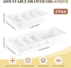 4 Pcs Expandable Drawer Organizer Bins Adjustable Deep Drawer Hanging Organizer Tray Expandable 11.4 to 18.1 Inches Plastic Dividers Storage for Office Bathroom Bedroom Kitchen Desk, White